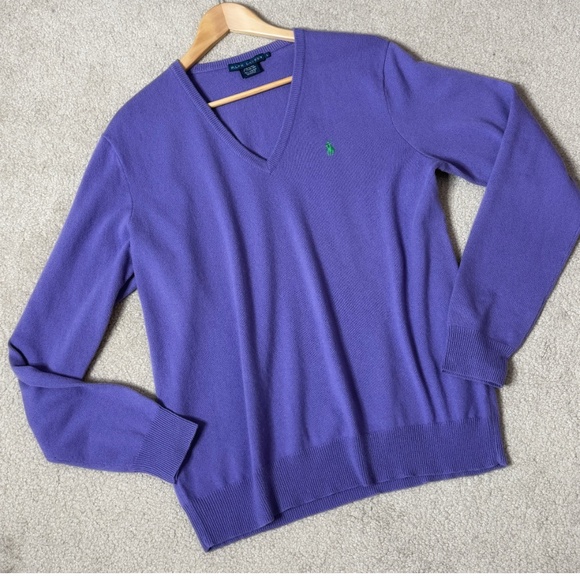 Ralph Lauren Cashmere Sweater V- Neck Purple Banded Bottom Size Large - Picture 8 of 14